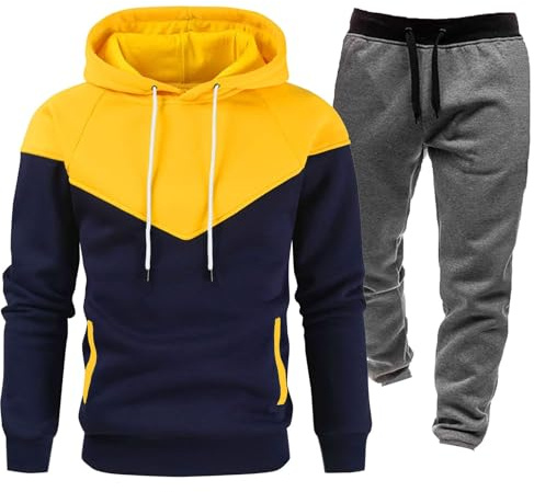 Sportträningsoveraller för män 2026 gymdräkt herrtröja kostym vår höst ungdom fritid sport sömnad kontrastfärg smal passform sweatshirt träningsbyxor två delar för promenader löpning vandring, gUL, L