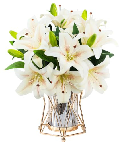 6PCS Artificial Lily Flowers With 12 Heads Fully Bloomed Lilies 6 Buds, Waterproof 3D Printing Fake Faux Artificial Lilies Flowers Set for Wedding Home Party Office Decor Flower Arrangment (Champagne)