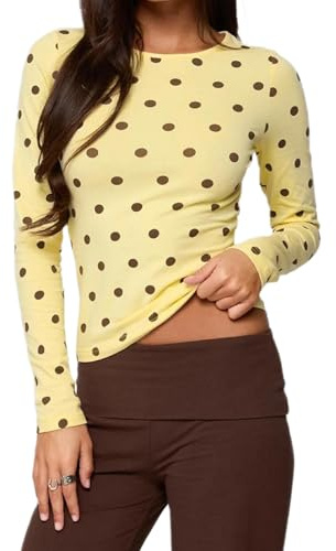 Barbotimer Women Polka Dot Top Y2k Long Sleeve Crew Neck Slim Fit Blouse | Basic Casual Stretch Crop Tops Cute Dots Print Shirt Aesthetic Clothes Vintage Dot Partten Going Out Streetwear Fall Outfits