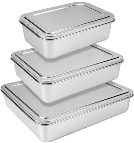 3 Set Stainless Steel Baking Tray with Lids, 7/5/2 L Deep Oven Roasting Tin | Rectangle Cake Tins & Sheet Pans for Brownie Cake Lasagne Casserole and Flapjack, Non Stick, Dishwasher Safe