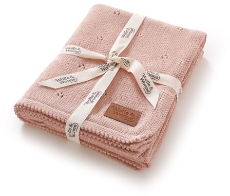 Wolle&Wonne Babydecke aus 100% Baumwollstrick, Mehrfarbig, Weich und Atmungsaktiv, Durchbrochenes Design, Wickeldecke (pink)