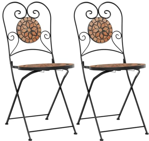 HFMDRMU Sedie Bistro 2 PZ Pieghevoli Terracotta Ceramica Mosaico Sedie Pieghevoli Stabili per Giardino Balcone Terrazzo Telaio in Ferro Verniciato a Polvere Max 110 kg Per Seduta
