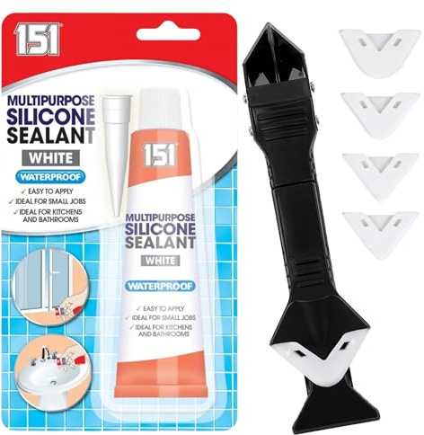 White Silicone Sealant 70g with Caulking Kit – Waterproof Bathroom & Kitchen Use, Silicone Smoothing, Profiling & Remover Set for Bath, Shower, Window