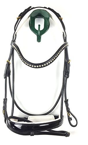 Gs-sports Trense, Trensenzaum mit Lackleder und rundgenähten Elementen mit schwedischem Reithalfter und anatomisch gepolstertem Kopfstück, schwarz und goldfarbenen Schnallen, WB Warmblut