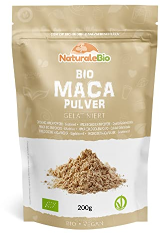 NaturaleBio Maca Peruviana Biologica in Polvere 200g. Naturale e Pura, ideale per Stanchezza - Prodotto in Perù dalla Radice di Maca Bio - Gelatinizzata