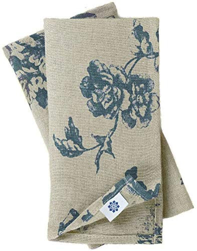 Linen & Cotton Hochwertige Vintage 4 x Stoffservietten Servietten Stoff Leinenservietten Flores mit Blumen Motiv - 100% Leinen, Beige Blau (43 x 43 cm) für Home Küche Esszimmer Dekoration