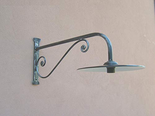 Lampada a braccio da parete in ferro battuto 1119, forgiato a mano, nero patinato argento, con piatto smaltato, portalampade E27