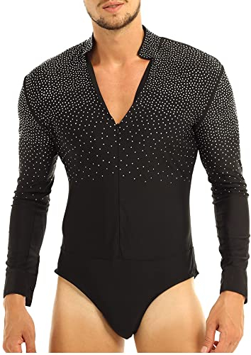 iEFiEL Glitzer Herren Latein Hemd V-Ausschnitt Tango Rumba Hemd Body Einteiler mit Knöpfen im Schritt Turnier Shirt Trikot Tanz Kostüm Schwarz XL