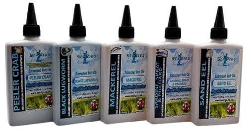 searigs Sea Fishing Extracted Bait Oils - 5 x 120ml Selection Pack - Black Lugworm - Peeler Crab - Sardine,Sprat Pilchard - Mackerel - Sandeel - Free Sea Fishing Rig