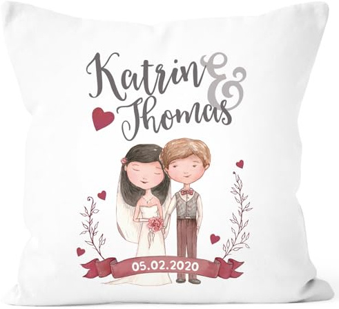 SpecialMe® personalisierbares Kissen zur Hochzeit mit Namen und Datum Ehepaar Hochzeitsgeschenk Kissenhülle Weiss Unisize