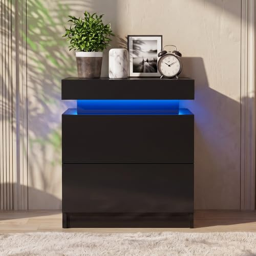TUKAILAi Black Bedside Table with LED Lights, High Gloss 2 Drawers and Top Storage Bedside Cabinet Nightstand Chest of Drawers for Bedroom Living Room