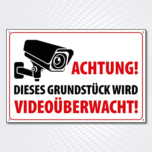 Hochwertiges Schild aus Alu-Dibond  ACHTUNG - GRUNDSTÜCK WIRD VIDEOÜBERWACHT  300 x 200 mm rechteckig | Videoüberwachung | Grundstück wird videoüberwacht |