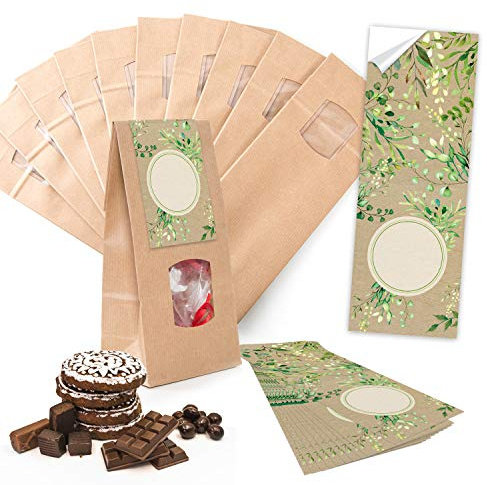 Logbuch-Verlag 10 Geschenktüten mit Fenster und Folieneinlage natur braun + 10 natürliche Geschenkaufkleber Vintage grün - Geschenk Tüten lebensmittelecht