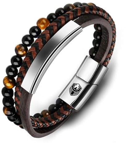 SHIEAGLELD Pulsera de cuero trenzado hecha a mano para hombre, con cierre magnético de acero inoxidable y caja de joyería exclusiva para hombre, idea de regalo, 22CM, Acero inoxidable de níquel