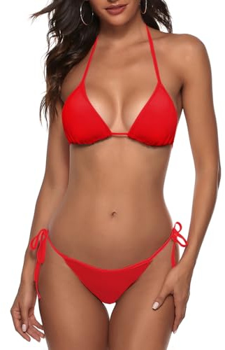 Women Two Piece Bikini Swimsuit Sexy Bathing Suits Halter Triangle Tops String Bikini Sets Red S