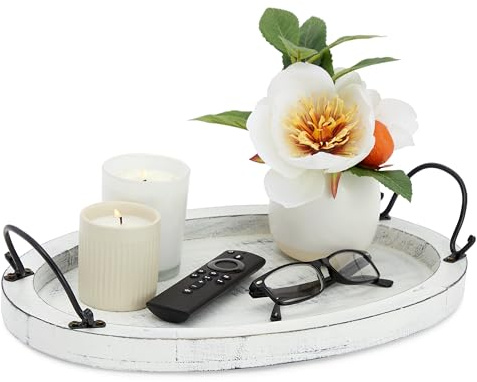 Farmlyn Creek Wooden Tray - 16 x 11 x 2 in, Rustic White Oval - Serving Platter with Handles for Coffee Table Decor & Bed Tray Use - Table Centerpiece for Farmhouse Decor