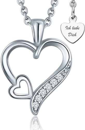 Herzkette Silber 925 / Gold vergoldet Halskette Damen *Ich Liebe Dich* Kette Silberkette Herzanhänger Herz Schmuck Geschenke für Frau Ehefrau Freundin Geburtstag Jahrestag Hochzeitstag Liebesgeschenk