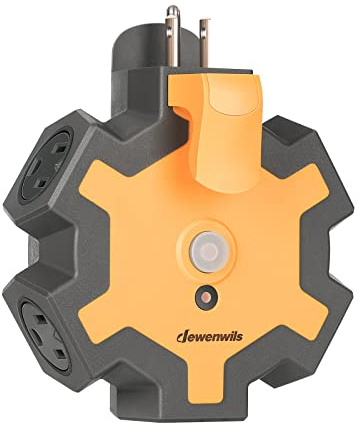 DEWENWILS Outdoor Extension Cord Power Adapter, Heavy Duty 5-Outlet Power Hub with Swivel Safety Covers, Widely-Spaced Power Outlet for Workshop, Jobsite, Garage, 15A Circuit Breaker (Orange)