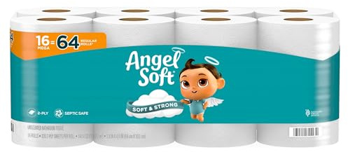 Angel Soft® Toilet Paper, 16 Mega Rolls = 64 Regular Rolls, 2-Ply Bath Tissue