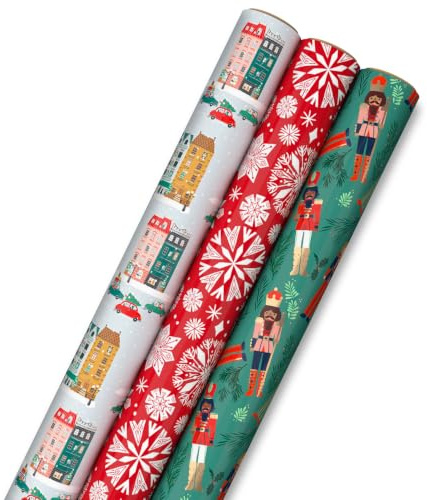 Hallmark Papel de regalo de Navidad con líneas de corte en el reverso (3 rollos: 120 pies cuadrados en total), escena de ciudad de invierno, copos de nieve rústicos en rojo, cascanueces con follaje