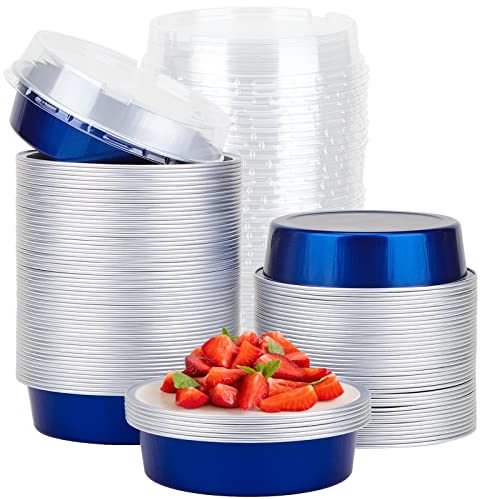 Beasea Mini Tart Pan 100 Pack with Lids, 4 Inch 8oz Blue Disposable Aluminum Baking Foil Tins Small Round Tart Container for Individual Dessert Cupcake Muffin Cheesecake Ramekins Quiche Oven Dishes