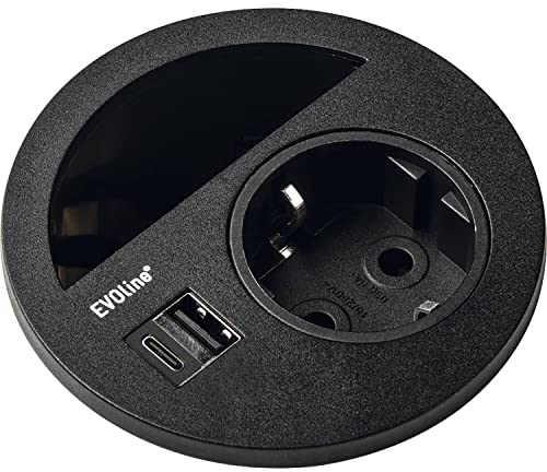 EVOLINE 159273006900, schwarz Circle80 Steckdose mit Kabeldurchgang und USB-A+C-Doppelcharger