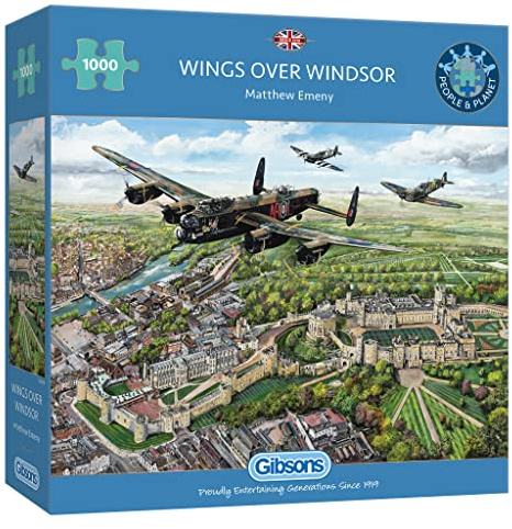 Gibsons Wings Over Windsor 1000 Piece Jigsaw Puzzle for Adults – British Aviation Scene by Matthew Emeny – Iconic RAF & Airshow Artwork – Premium Sustainable Puzzle Made in the UK/EU