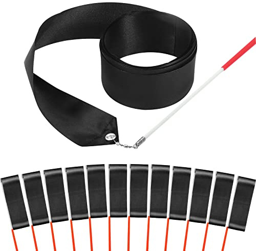 HiUnicorn 12PCS Black Dance Ribbons, Black Party Favors, Church Praise Dance Accessories, Ribbon Dancer Wand for Kids Gymnastics Birthday Party Decorations
