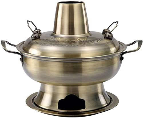 Copper Hot Pot Vintage Shabu Shabu Pot with Handle, Stainless Steel Charcoal Hotpot Cooker Chinese Soup Pan Cooking Cookware Pot for Home Party Restaurant,Bronze,32cm
