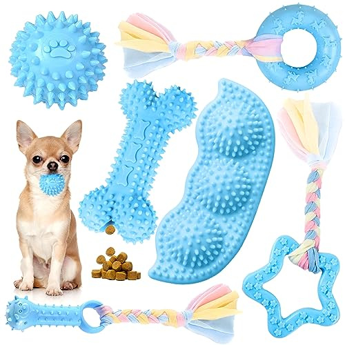 Petcare 6 Pack Puppy Chew Toys - Blue, Soft Rubber Rope & Bone Ball Teething Toys for Small Dogs & Puppies, Including Yorkie