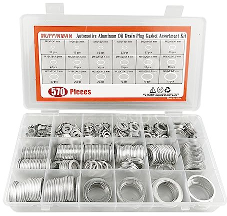 570 Stück 18 Größen Ölablassschrauben-Dichtungen, Sortimentsset, Ölzerkleinerungsscheiben, Aluminium, flache Unterlegscheiben, Sortiment, M6, M8, M10, M12, M14, M16, M18, M20, M22, M24 (570)