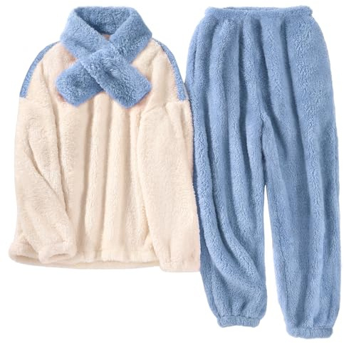 TOMEEK Pigiama da Donna Completo Invernale in Morbido Pile Polare Completo per Il Tempo Libero con Top a Maniche Lunghe Pantaloni e Sciarpa Pigiama Accogliente Pjs da Donna, Blu,Taglie S