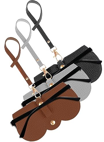 OUZHOU Lot de 3 étuis à lunettes de soleil en cuir souple, pochette de rangement portable pour lunettes de soleil, étui à lunettes en cuir PU avec lanière de lunettes de soleil pour homme et femme,