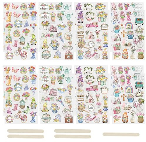 WANDIC Transfer-Aufkleber, zum Aufreiben, 16 Blatt, 4 Stile, Frühlings-Themen-Aufkleber, Blume, Pflanze, Schmetterling, ästhetische Dekoration, Transfer-Aufkleber für Scrapbooking, Tagebuch, Planer