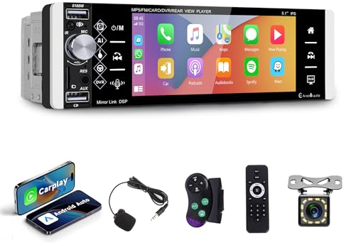 Wireless Apple Carplay Autoradio 1 Din mit Android Auto FM/AM/RDS Radio Bluetooth Freisprecheinrichtung 5.1 Zoll Autoradio mit Mirror Link Bluetooth USB/AUX/TF/EQ Lenkradsteuerung Rückfahrkamera