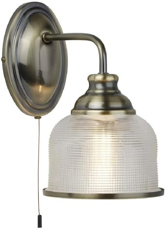 Britalia Antique Brass & Clear Holophane Glass Dome Shade Vintage Switched Wall Light | 25cm Height | 1 x E27 Lamp Bulb Required | Bedroom - Living Room | Pull Cord Switch