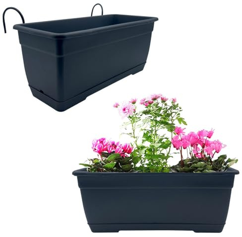 VIRSUS 2 Fioriere Rettangolari per Balcone BIRK5, Color ANTRACITE, Sottovaso integrato, Vaso in Resina con supporto in ferro da Appendere a Finestre e Balconi, Capacità 8,6 Litri (50x17x16 cm)