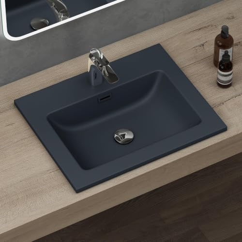 doporro Waschbecken mineralguss Einbauwaschbecken 60x48x14cm anthrazit matt | Einbauwaschtisch Eckig mit Überlauf Waschtisch Handwaschbecken, Einfache Montage, DIN-Anschlüsse Colossum02