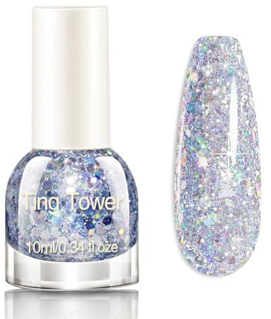 Glitter Nail Polish - 10ml Flash Shinny Sliver Nail Varnish - Quick Drying & Long Lasting Iridescent Chunky Glitter Gel Polish - No Need Baking & Easy to Apply Nail Polish for Women