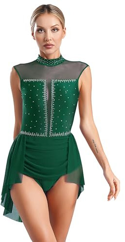 MSemis Lyrisch Moderner Tanz Kleid für Damen ärmellos Strass Ballett Gymnastik Trikot Rückenfrei Tanzbody Turnanzug Tanzkleidung Grün XXL