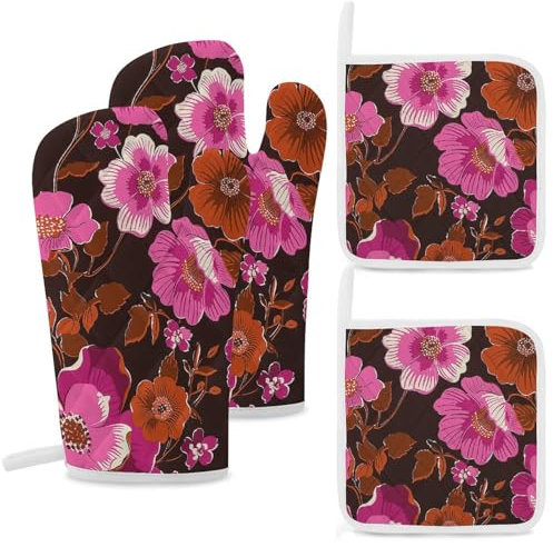 Lot de 4 gants de cuisine et maniques résistants à la chaleur antidérapants Motif fleurs violettes rouges