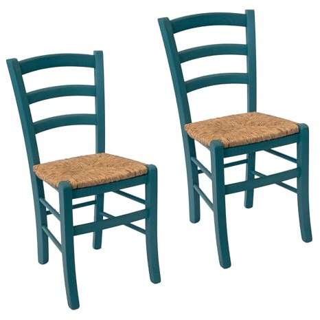 Import Trade – Lot de 2 Chaises Venezia en Bois Bleu Indigo, Cuisine, Restaurant, Salle à Manger et Agritourisme, Chaise Rustique en hêtre avec Assise en Paille de Riz, Made in Italy.