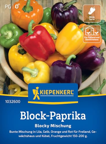 Kiepenkerl Block-Paprikasamen Blocky Mischung 1032600, Gemüsesaat | Freiland und Gewächshaus, mehrfarbig, Wuchshöhe 80-100 cm, aromatisch