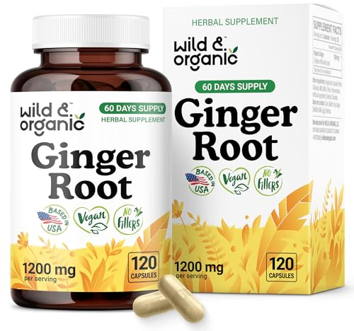 Wild & Organic Ginger Root Capsules 1200 mg - Immune & Digestive Support - Ginger Root Supplement - Zingiber Officinale Powder - 60 Days of Supply - Vegan, No Fillers, Non-GMO - 120 Count