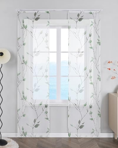 ESLIR Schiebegardinen Set 2er Flächenvorhänge Gardinen mit Klettband Schiebevorhang Transparent Vorhang mit Blätterdruckmuster Landhaus Grün BxH 57x145 cm 2 Stück