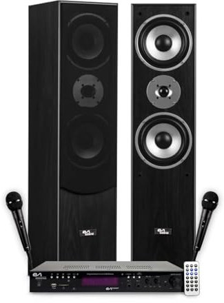 Evidence Acoustics Colonnes Son HiFi Pack Karaoke STAR5-1000W PMPO, Ampli stéréo 2x50W, USB Bluetooth, FM, 2 Micros Inclus