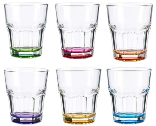 TRESV Set de 6 Vasos Colores y Transparente, Vaso de Cristal agua de 285 ml, Vaso de Agua y Bebidas, Aptos para Lavavajillas