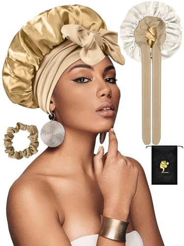 SUTIYO Satin Schlafhaube zum Schlafen, Doppelseitig Seidenhaube Zum Schlafen, Verstellbare Schlafmütze, Haarhaube für Locken, Silk Bonnet für Damen und Mädchen(Champagne/Weiß)