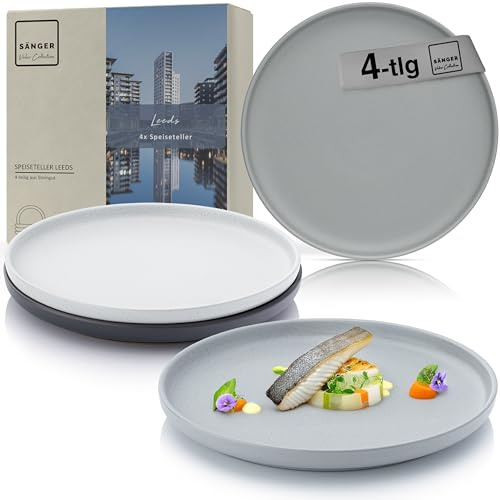 SÄNGER Leeds Teller Set 4 Personen, 4x Speiseteller aus Steingut | Dinner Service kratz- mikrowellen- spülmaschinenfest, Steingut Teller Essteller Essgeschirr, Plate Set bunt