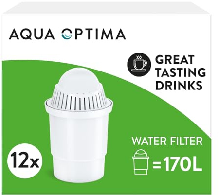 Aqua Optima 12 Universal Water Filter Cartridges, Works with Brita Classic | 5-stage filtration, reduces chlorine, limescale & impurities, 30 days per cartridge, up to 12 months supply, BPA free